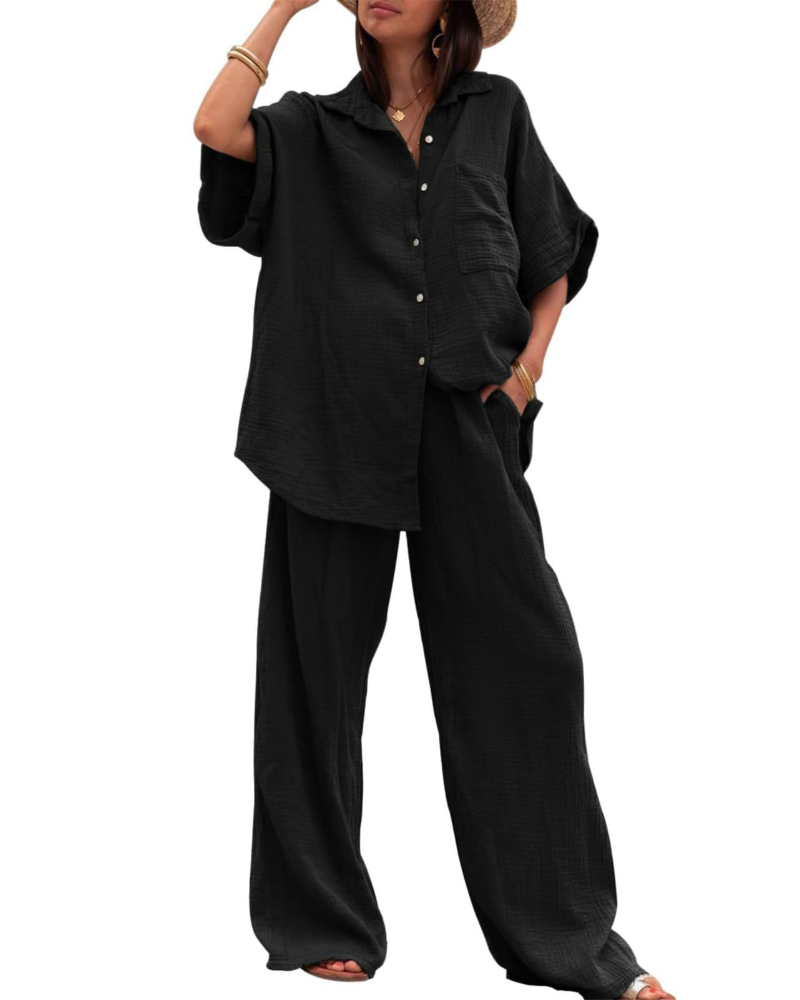 Completo Donna Estate Ava – Camicia con Bottoni & Pantaloni Larghi a Vita Alta