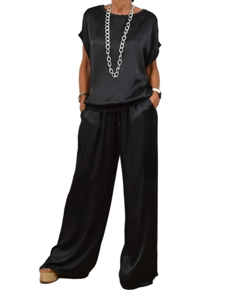 Completo Olivia Donna in Satin – Top Girocollo & Pantaloni Larghi con Vita Elastica