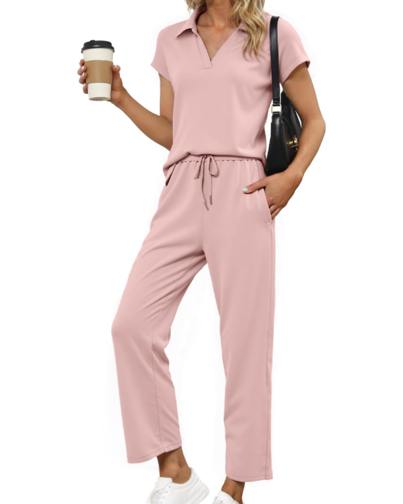 Chloe Ensemble Femme 2 Pièces – Haut Col V & Pantalon Large Confortable pour Voyage