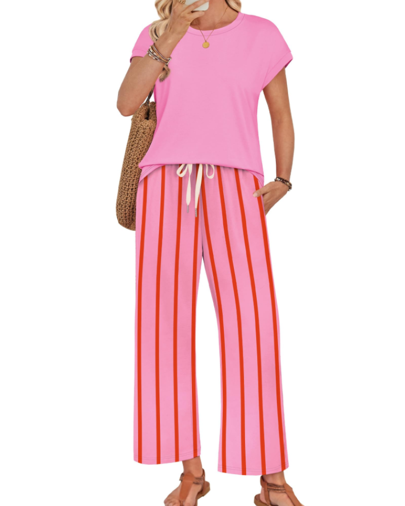 Marie Dames Lounge Set – Korte Mouwen Top & Wijde Broek met Koord