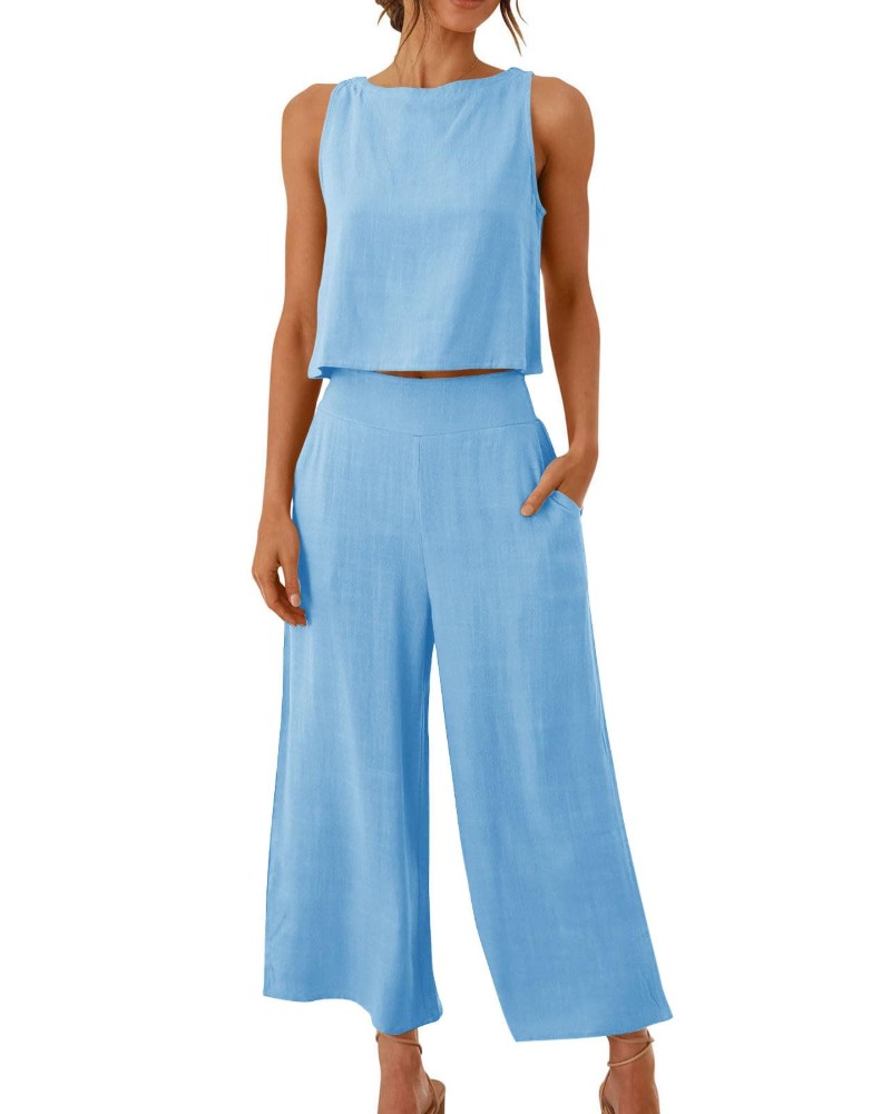 Conjunto Feminino Sophia em Linho 2 Peças – T-shirt & Calças Largas Confortáveis para o Verão