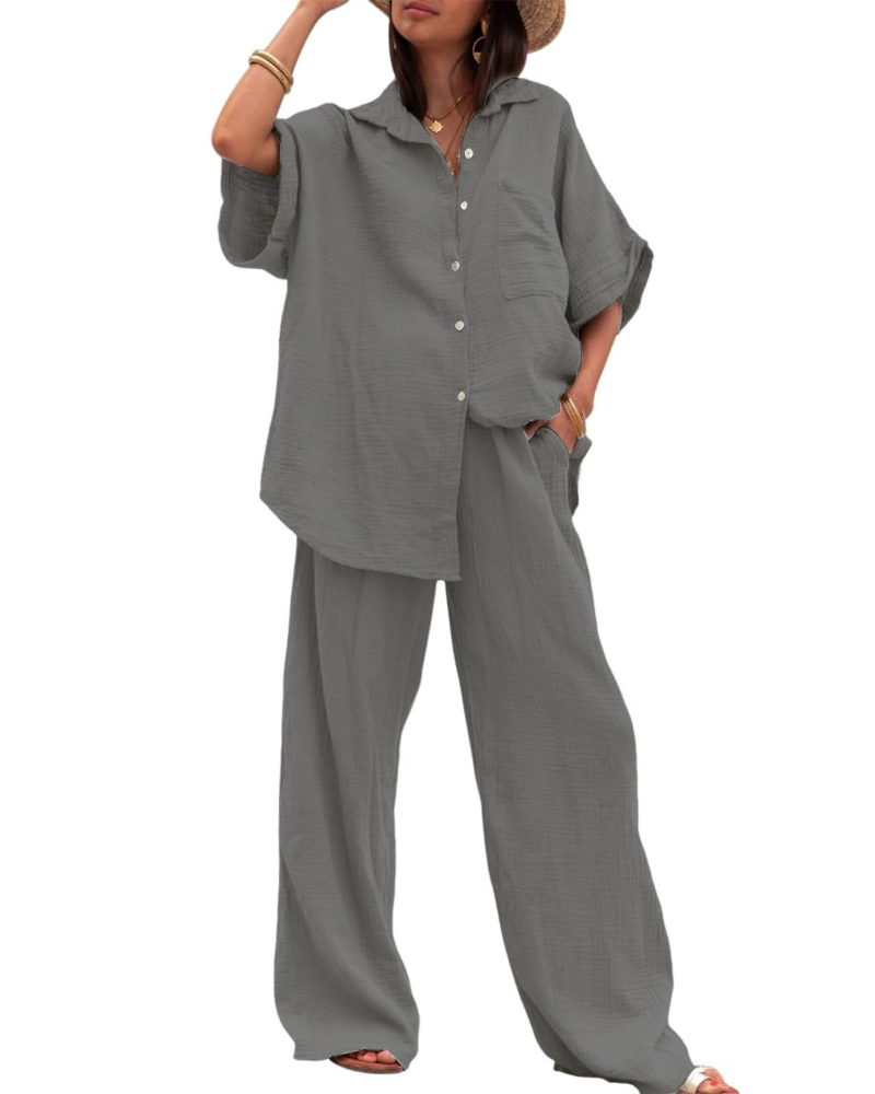 Completo Donna Estate Ava – Camicia con Bottoni & Pantaloni Larghi a Vita Alta