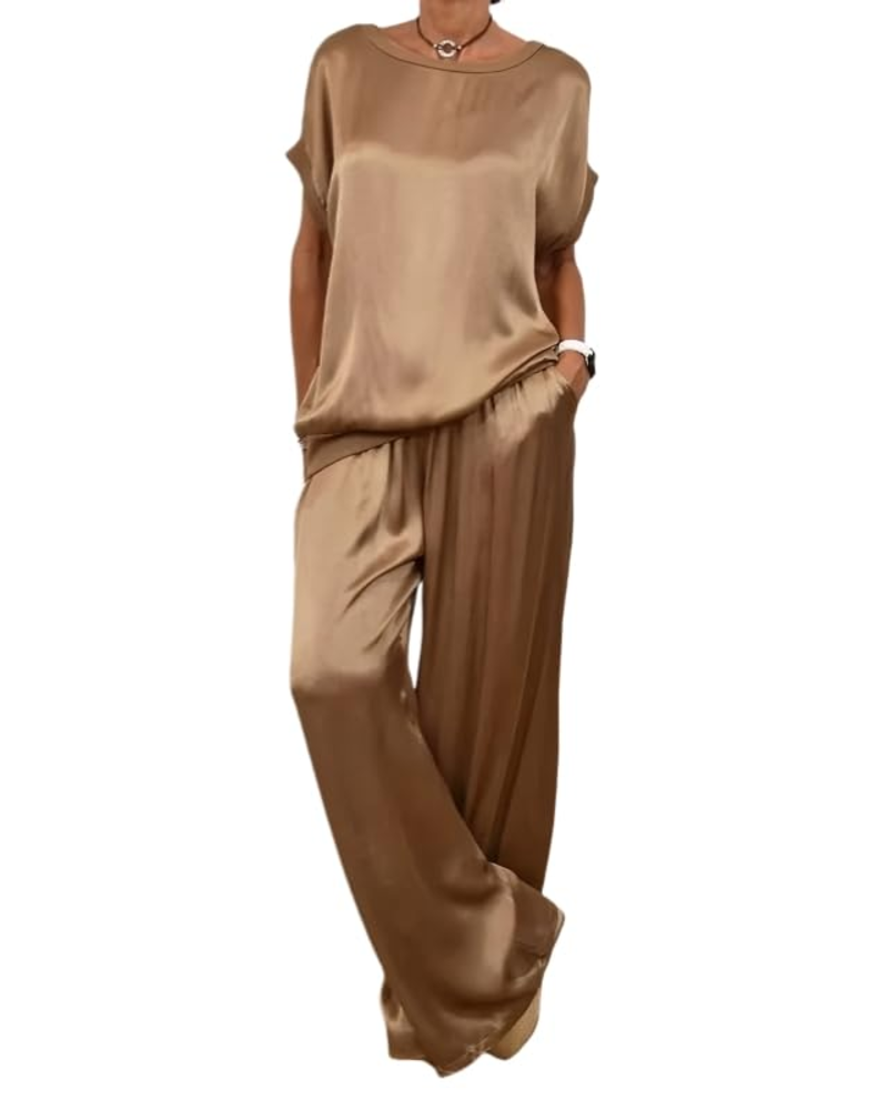 Completo Olivia Donna in Satin – Top Girocollo & Pantaloni Larghi con Vita Elastica