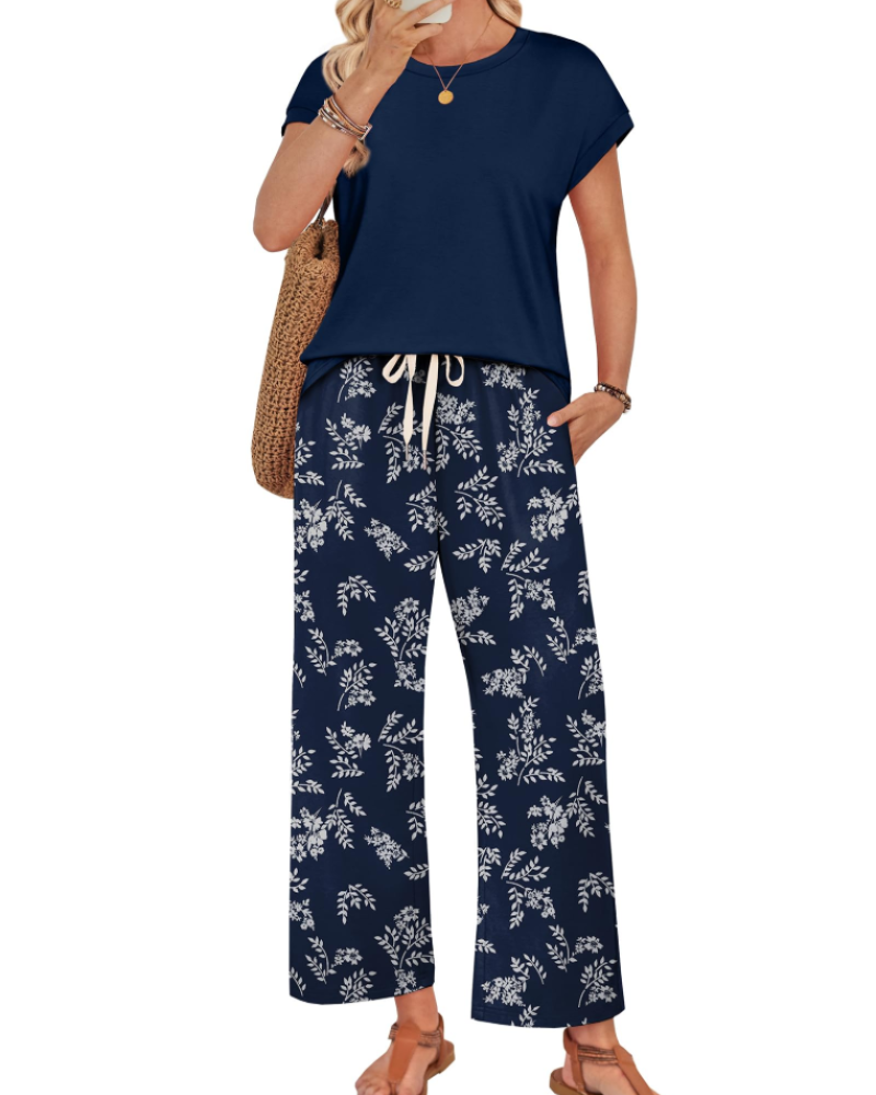 Marie Dames Lounge Set – Korte Mouwen Top & Wijde Broek met Koord