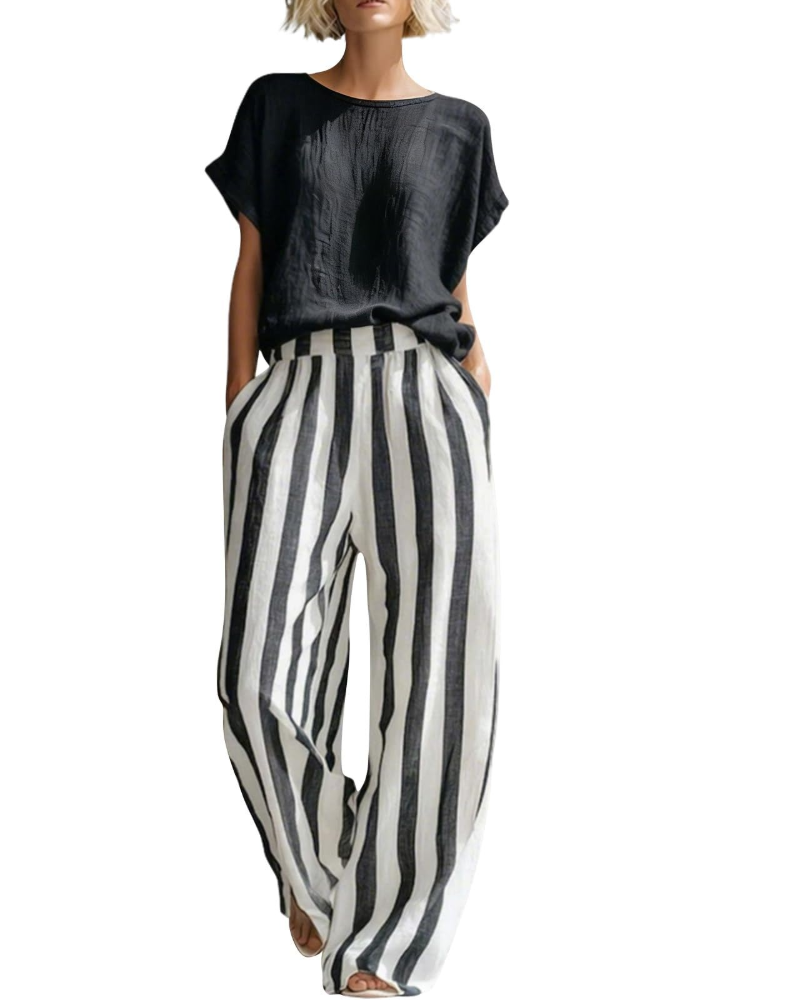 Sophia Ensemble Femme en Lin – Set 2 Pièces Élégant avec Haut & Pantalon Rayé d’Été