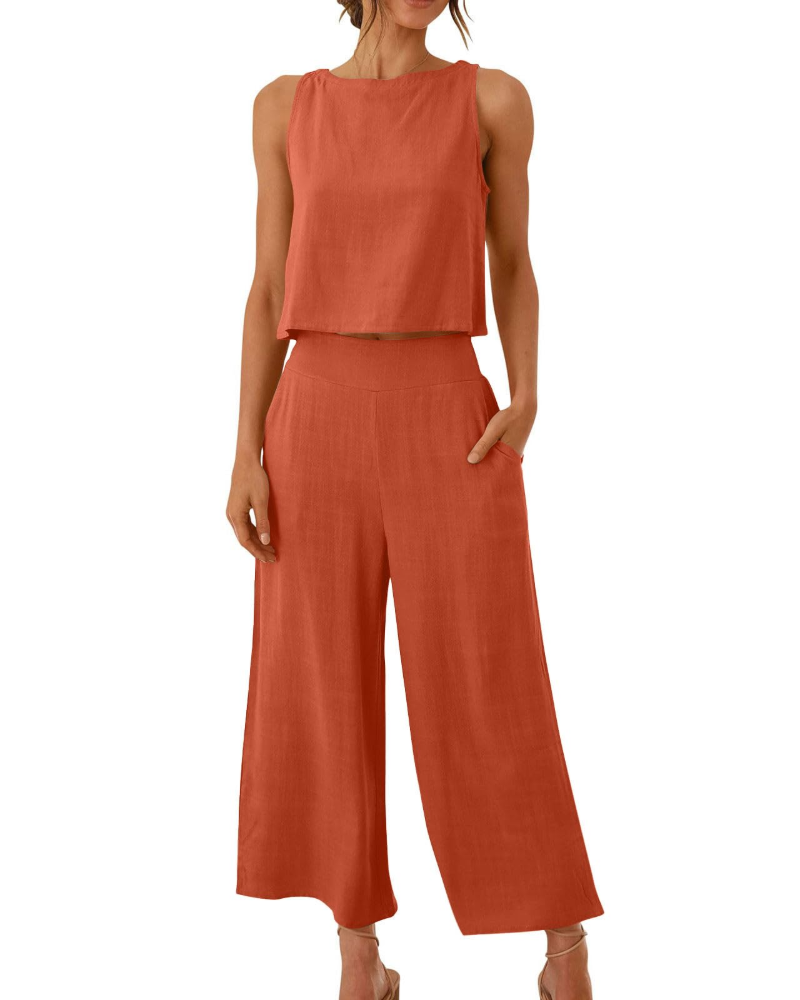 Conjunto Feminino Sophia em Linho 2 Peças – T-shirt & Calças Largas Confortáveis para o Verão