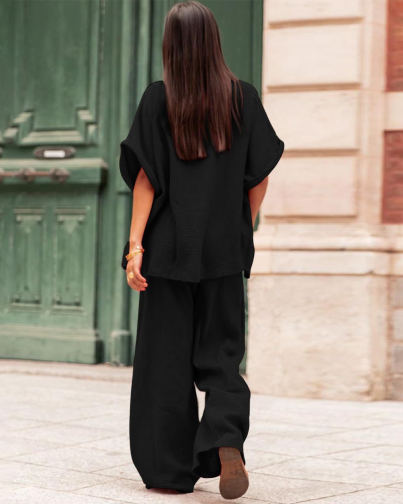 Completo Donna Estate Ava – Camicia con Bottoni & Pantaloni Larghi a Vita Alta
