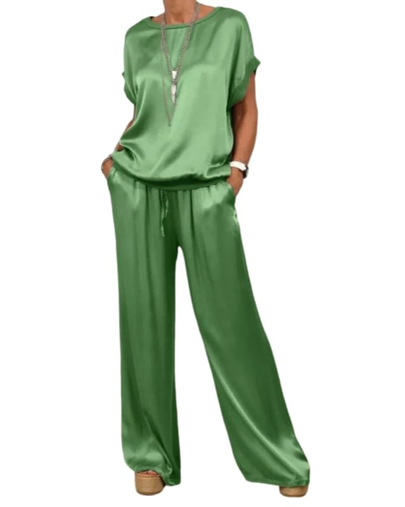 Completo Olivia Donna in Satin – Top Girocollo & Pantaloni Larghi con Vita Elastica