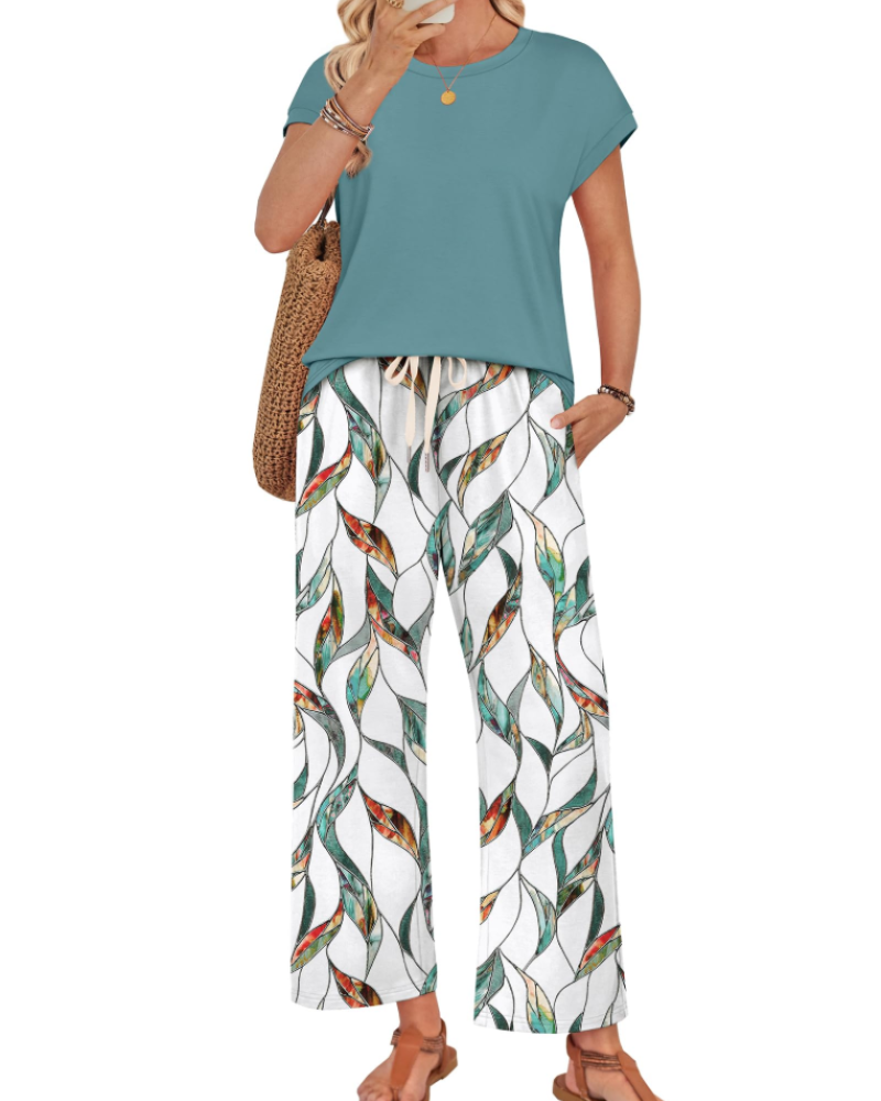 Marie Dames Lounge Set – Korte Mouwen Top & Wijde Broek met Koord