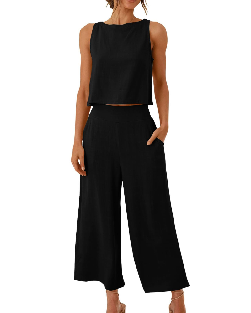 Conjunto Feminino Sophia em Linho 2 Peças – T-shirt & Calças Largas Confortáveis para o Verão