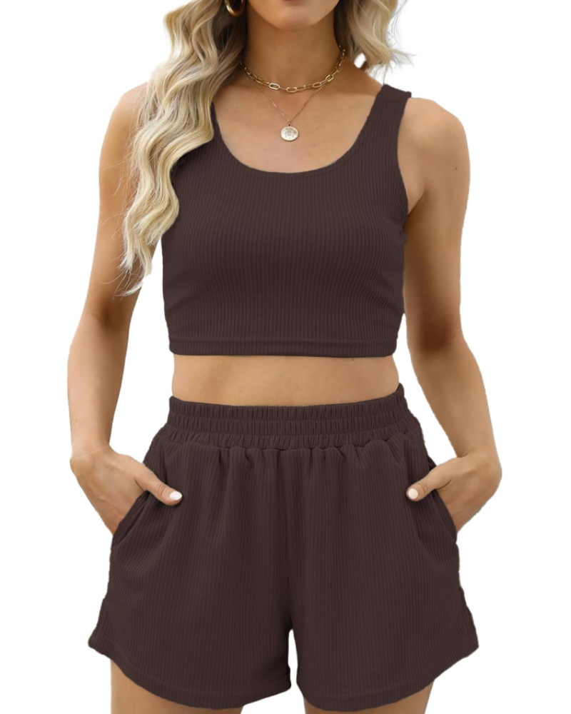 Maya Dames Zomer Set – Geribd Tanktop & Hoge Taille Shorts