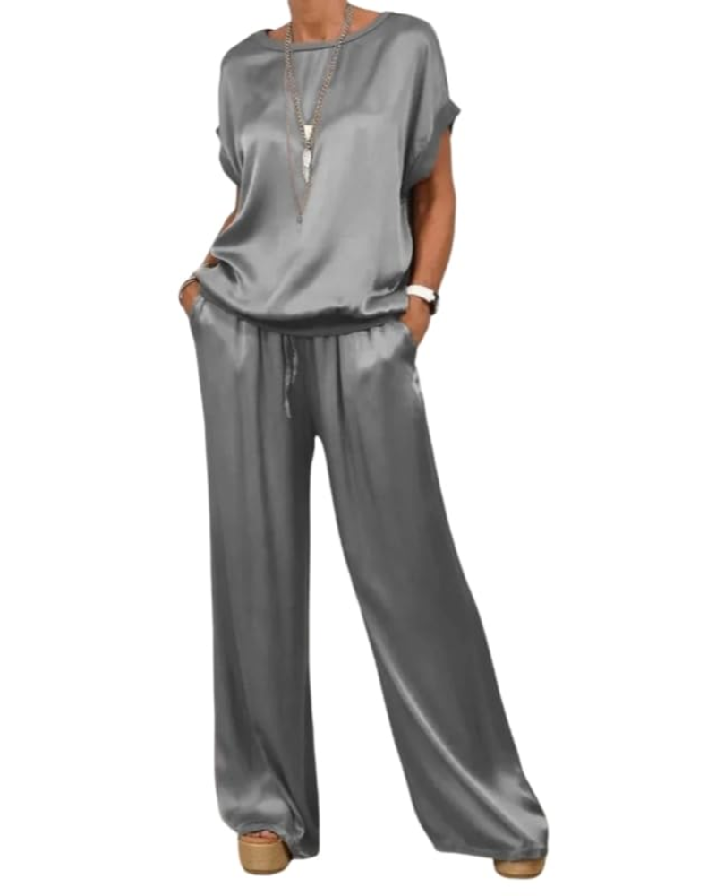 Completo Olivia Donna in Satin – Top Girocollo & Pantaloni Larghi con Vita Elastica