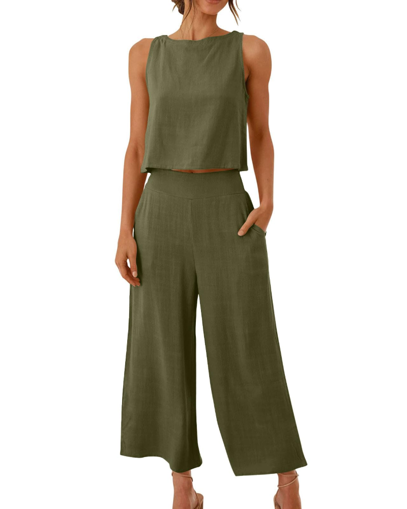 Conjunto Feminino Sophia em Linho 2 Peças – T-shirt & Calças Largas Confortáveis para o Verão