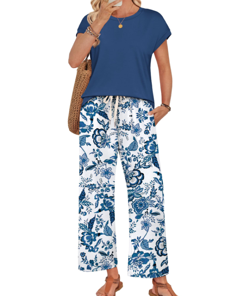 Marie Dames Lounge Set – Korte Mouwen Top & Wijde Broek met Koord