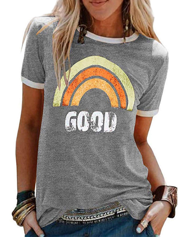 Lily T-shirt til kvinder med regnbueprint – afslappet sommerbluse i bomuldsblanding