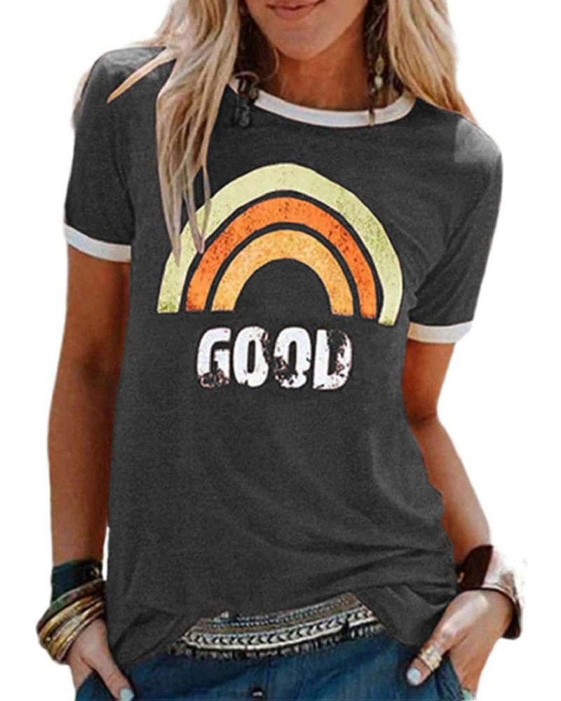 Lily T-shirt til kvinder med regnbueprint – afslappet sommerbluse i bomuldsblanding