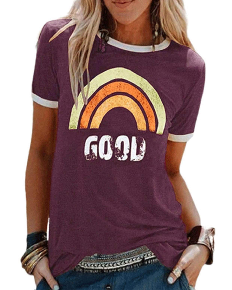 Lily T-shirt til kvinder med regnbueprint – afslappet sommerbluse i bomuldsblanding