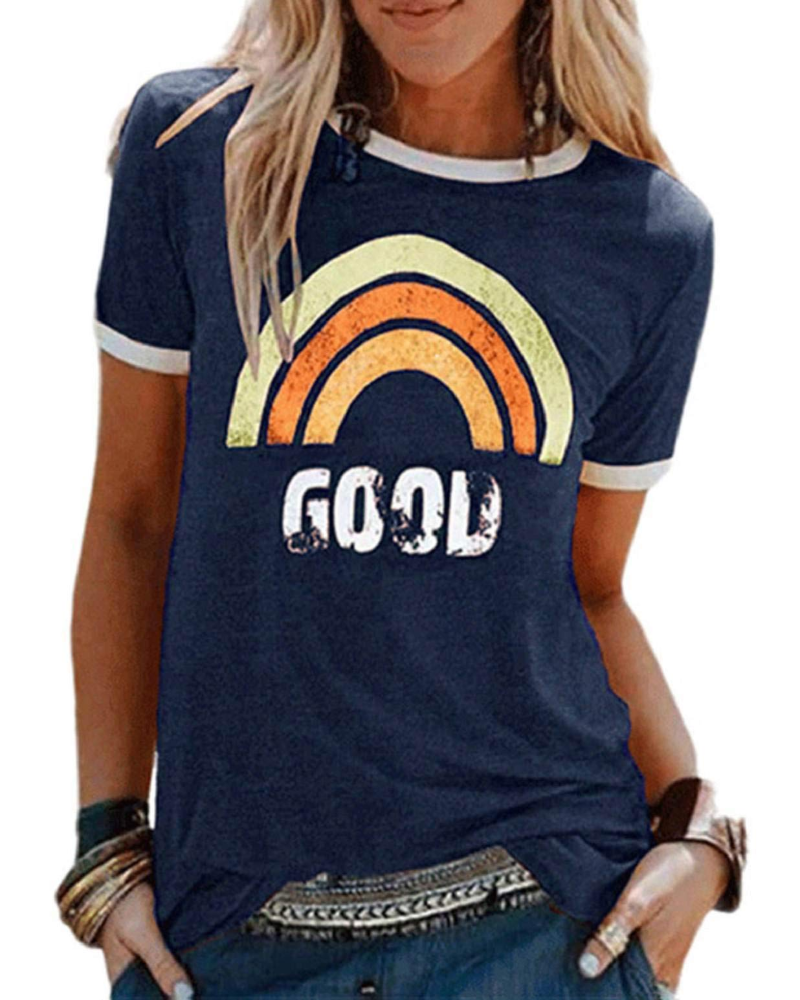 Lily T-shirt til kvinder med regnbueprint – afslappet sommerbluse i bomuldsblanding