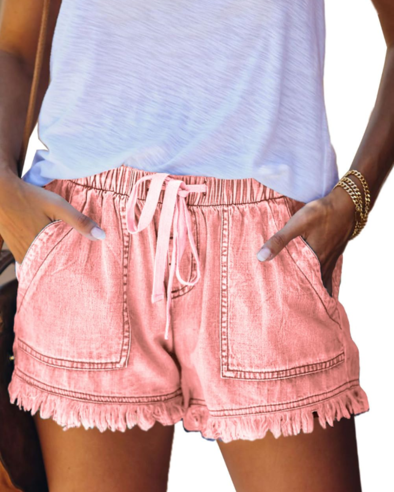 Scarlett Short en Jean Femme – Short Taille Haute Stretch avec Cordon & Ourlet Effiloché