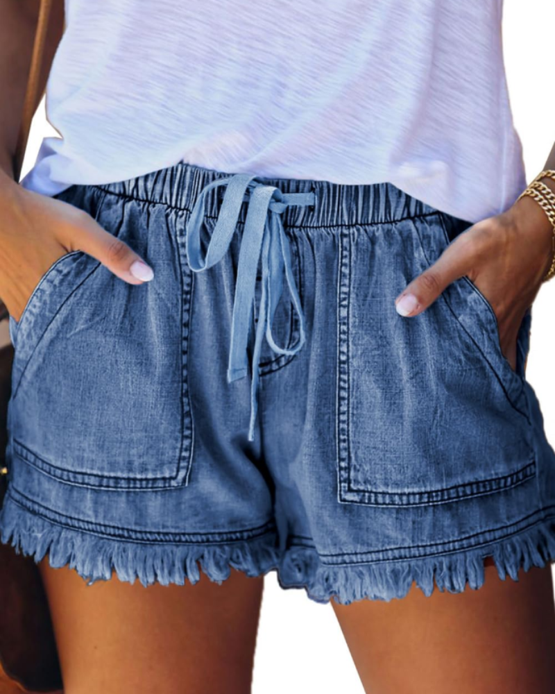 Pantaloni scurți Scarlett din jean pentru femei – pantaloni scurți cu talie înaltă, elastici, cu șnur și tiv franjurat