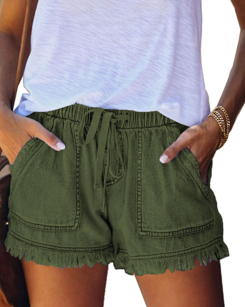 Scarlett Short en Jean Femme – Short Taille Haute Stretch avec Cordon & Ourlet Effiloché