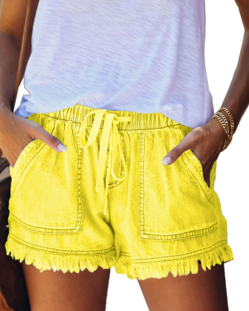 Scarlett Short en Jean Femme – Short Taille Haute Stretch avec Cordon & Ourlet Effiloché