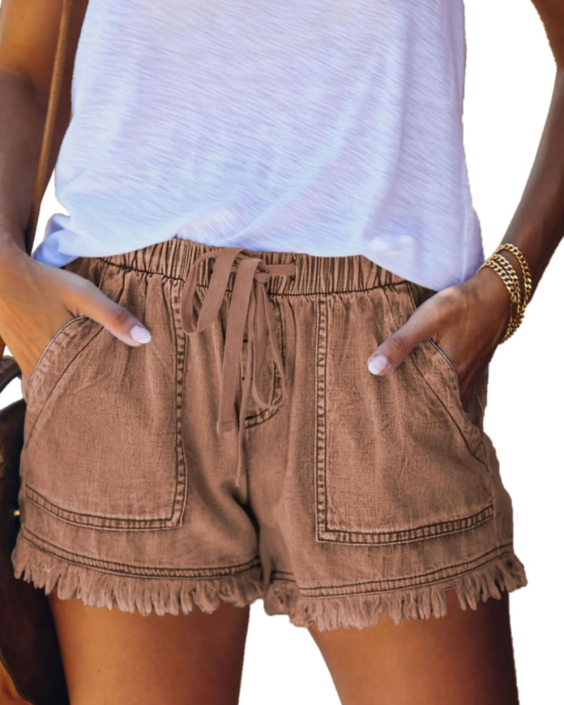 Scarlett Short en Jean Femme – Short Taille Haute Stretch avec Cordon & Ourlet Effiloché