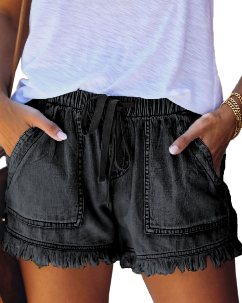Scarlett Short en Jean Femme – Short Taille Haute Stretch avec Cordon & Ourlet Effiloché