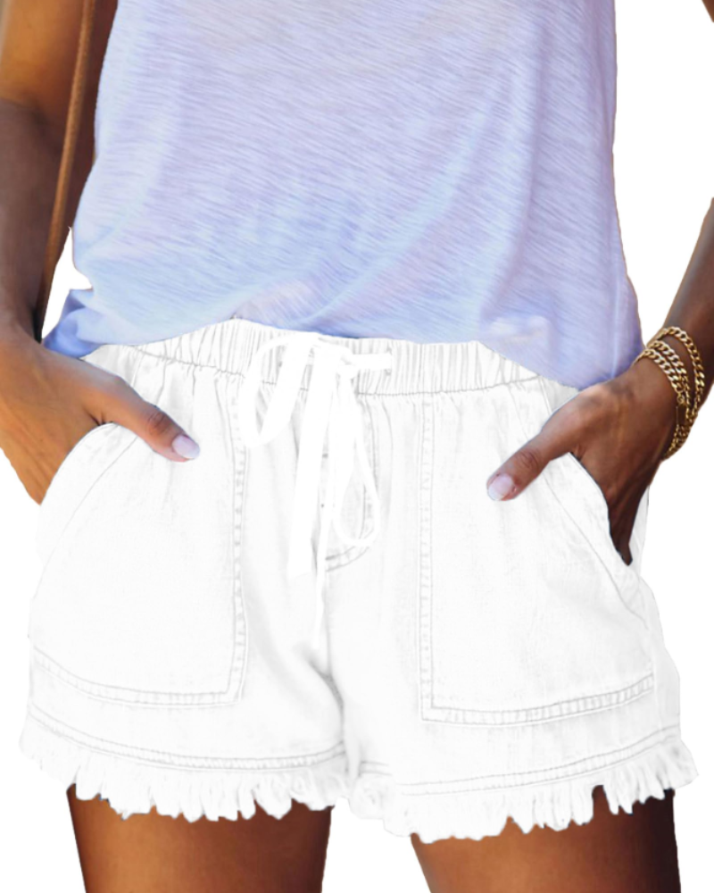 Scarlett Short en Jean Femme – Short Taille Haute Stretch avec Cordon & Ourlet Effiloché