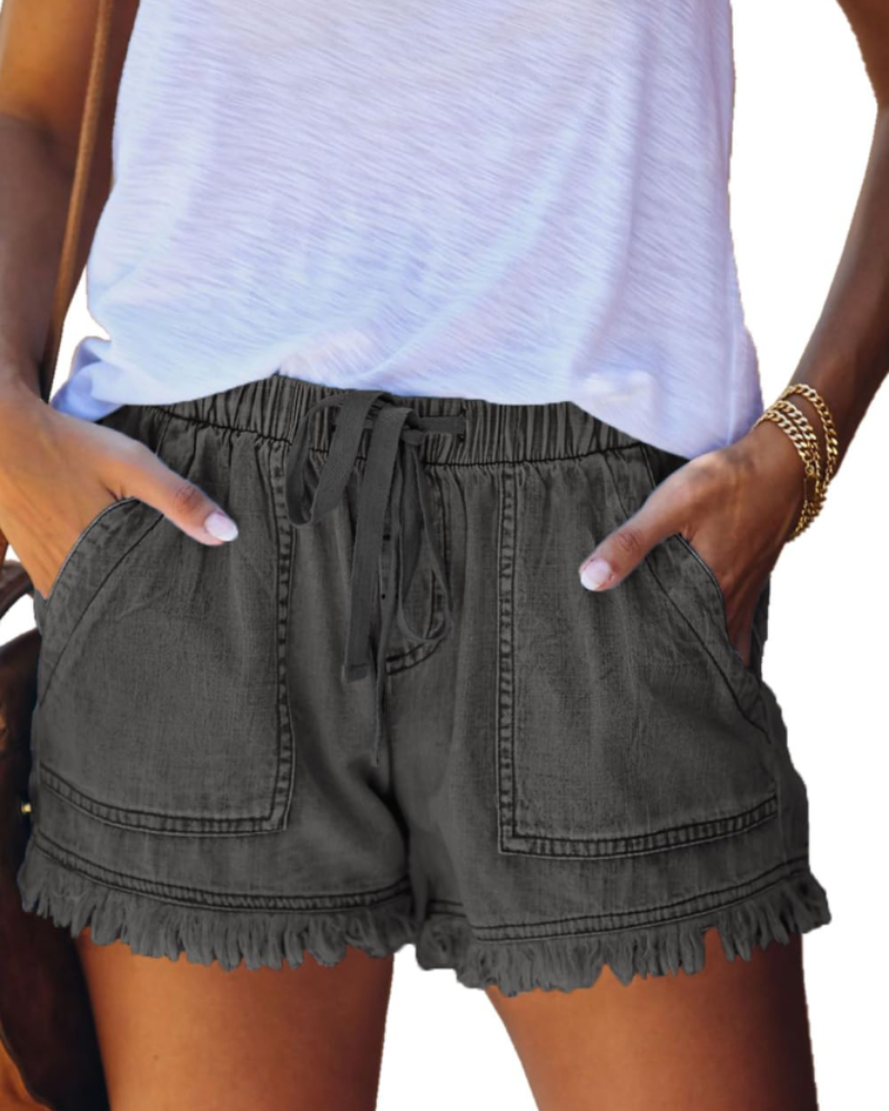 Scarlett Short en Jean Femme – Short Taille Haute Stretch avec Cordon & Ourlet Effiloché