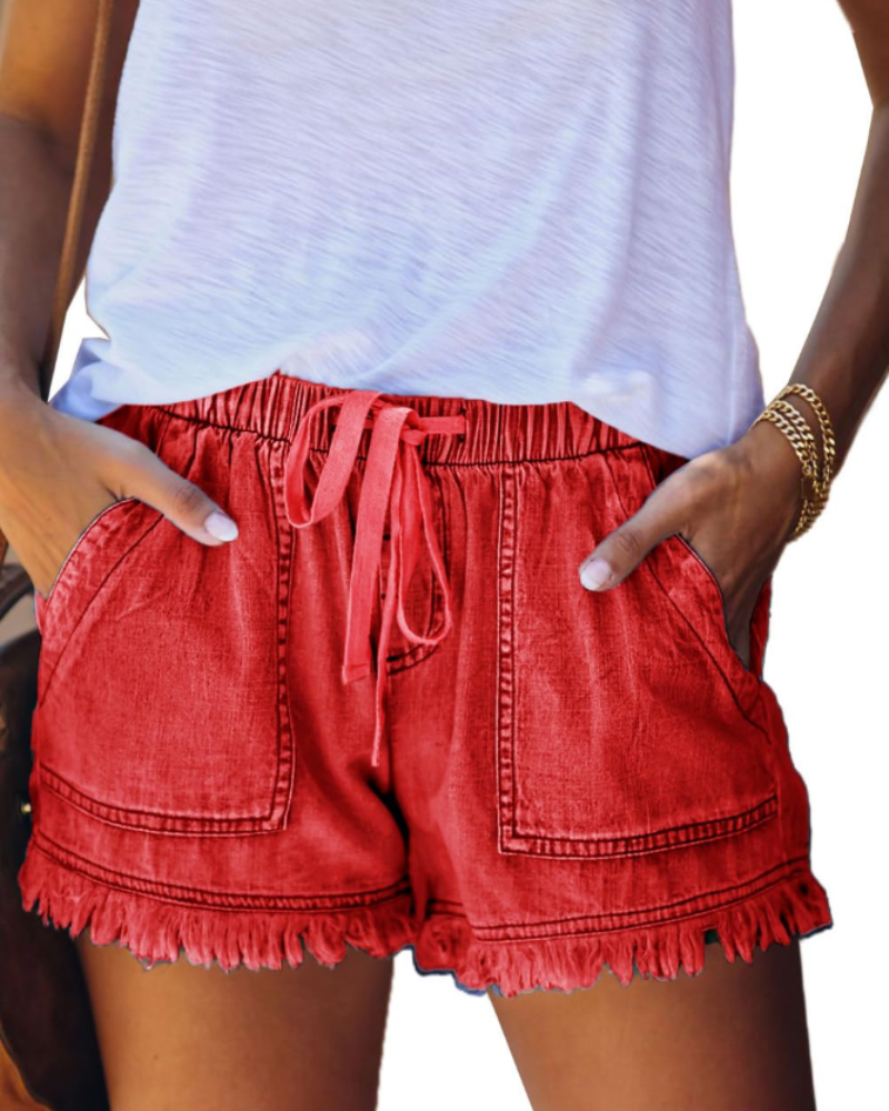 Scarlett Short en Jean Femme – Short Taille Haute Stretch avec Cordon & Ourlet Effiloché