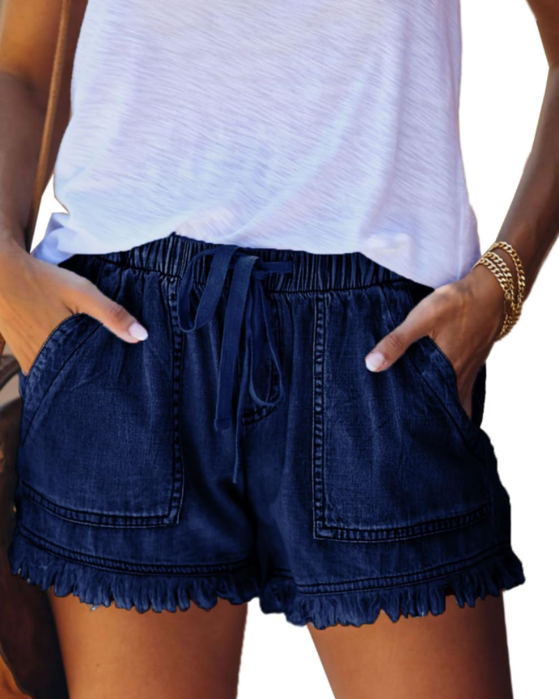 Scarlett Short en Jean Femme – Short Taille Haute Stretch avec Cordon & Ourlet Effiloché
