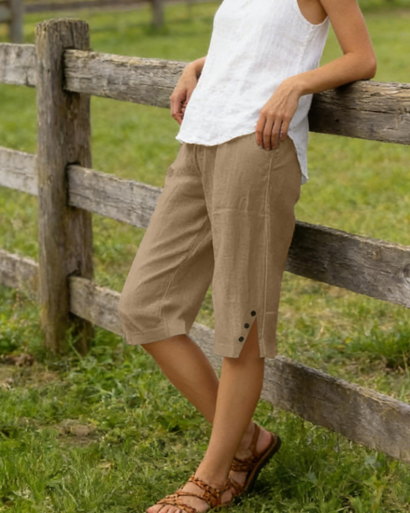 Sophie Women's Short Capri – High-Waisted Long Shorts in Linen & Cotton with Pockets