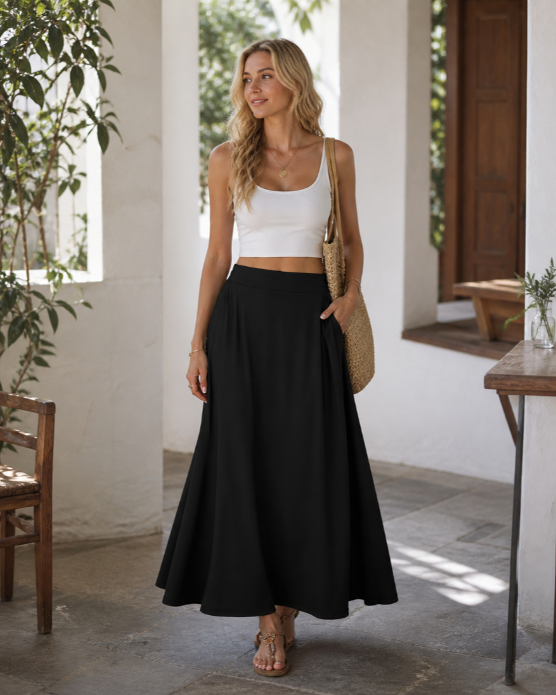 Falda Maxi Nina para Mujer – Falda Fluida de Cintura Alta, Línea A y Bolsillos Verano