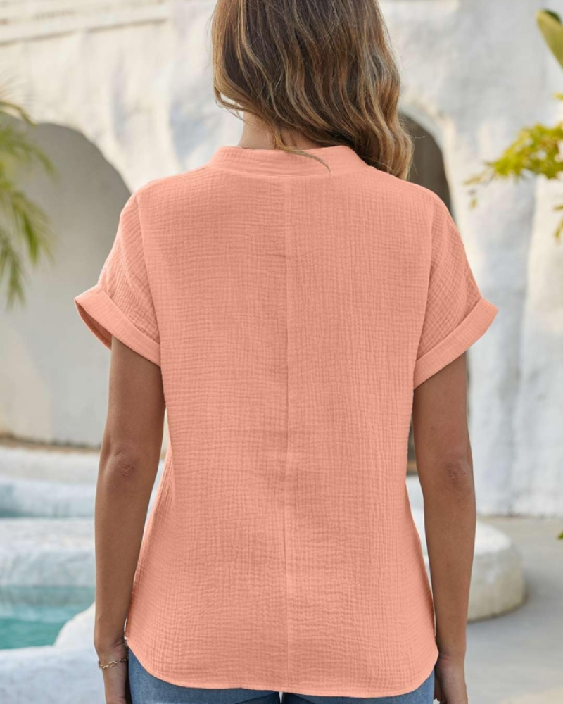 Olivia Bluse Damen Sommer – Leinen Baumwolle V-Ausschnitt Knopfleiste Kurzarm