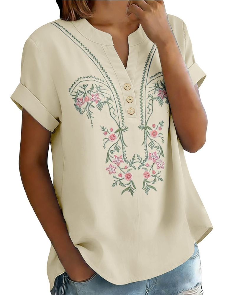 Dallie Damenbluse Sommer – Leinen mit floraler Stickerei, V-Ausschnitt, Knopfleiste