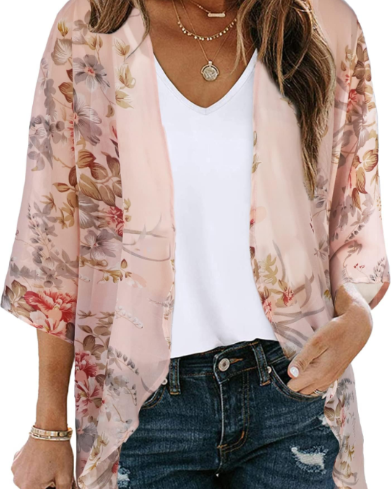 Bianca Kimono Kvinde Boheme – Let Blomstret Vest i Mousseline med 3/4-Ærmer