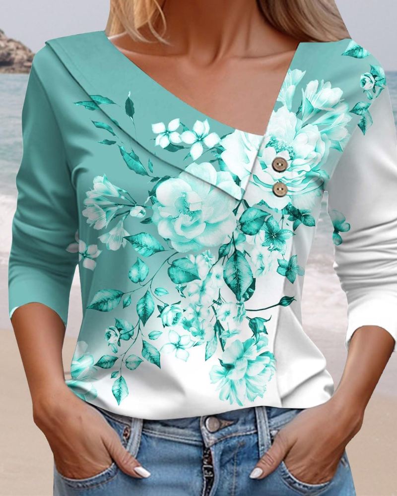 T-shirt estivo donna Emily – Scollo a V con stampa, maniche lunghe leggere