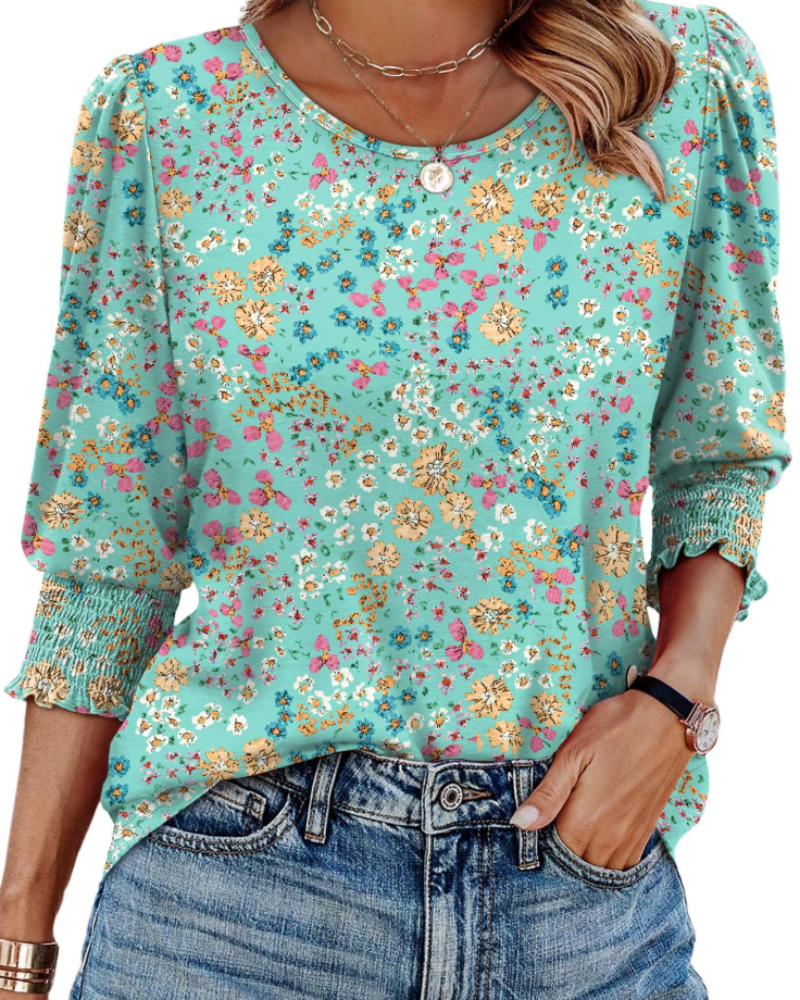 Sophie Blouse Femme Élégante – Manches 3/4 Froncées Col Rond