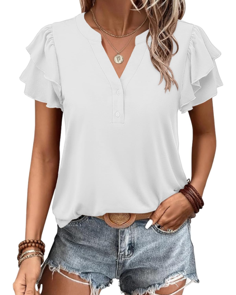 T-shirt Adele Mulher Verão – Decote em V Mangas Curtas Assimétricas