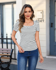 Camiseta Emily de rayas para mujer – Top de algodón con cuello cuadrado y mangas cortas
