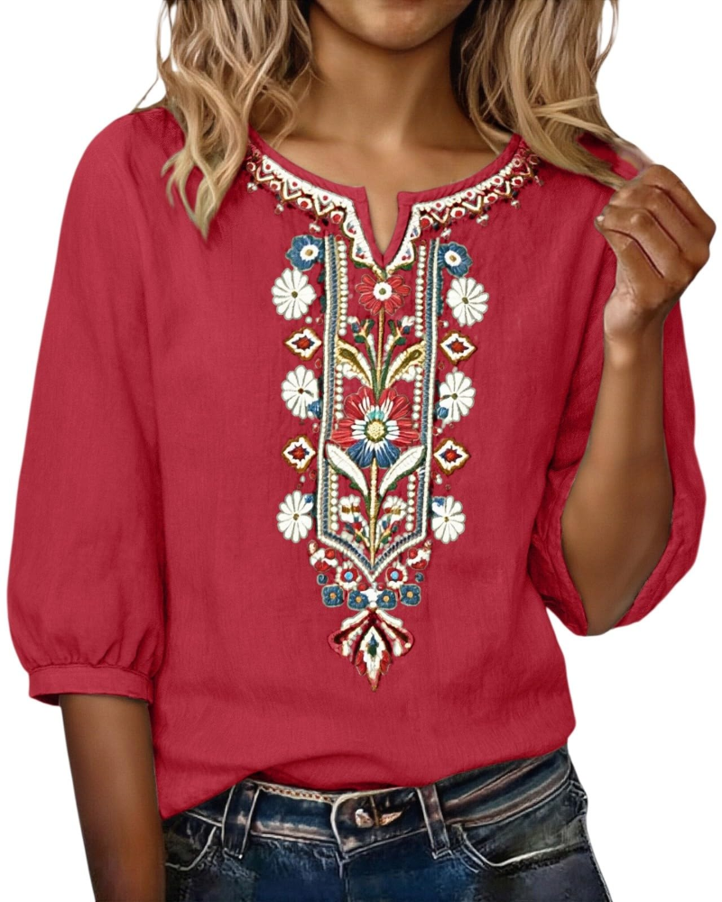 Blusa Sarah Mulher Verão – Linho Algodão Bordado Floral Decote em V