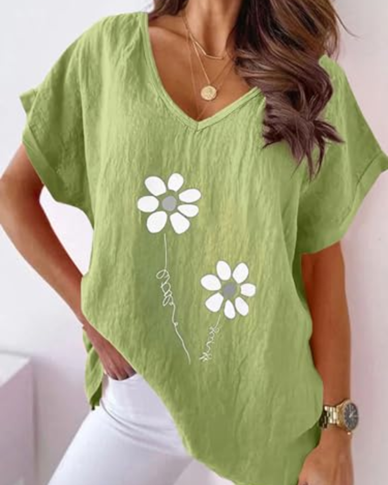 Γυναικείο T-Shirt Daisy Καλοκαίρι – Ζωντανό Ροζ V Λαιμόκοψη με Εκτύπωση Μαργαρίτες