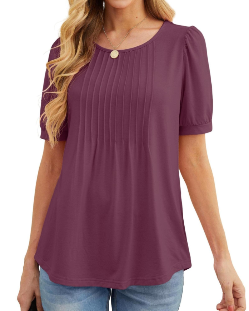 Lena T-Shirt Femme Été – Floral Col Rond Plissé Manches Courtes