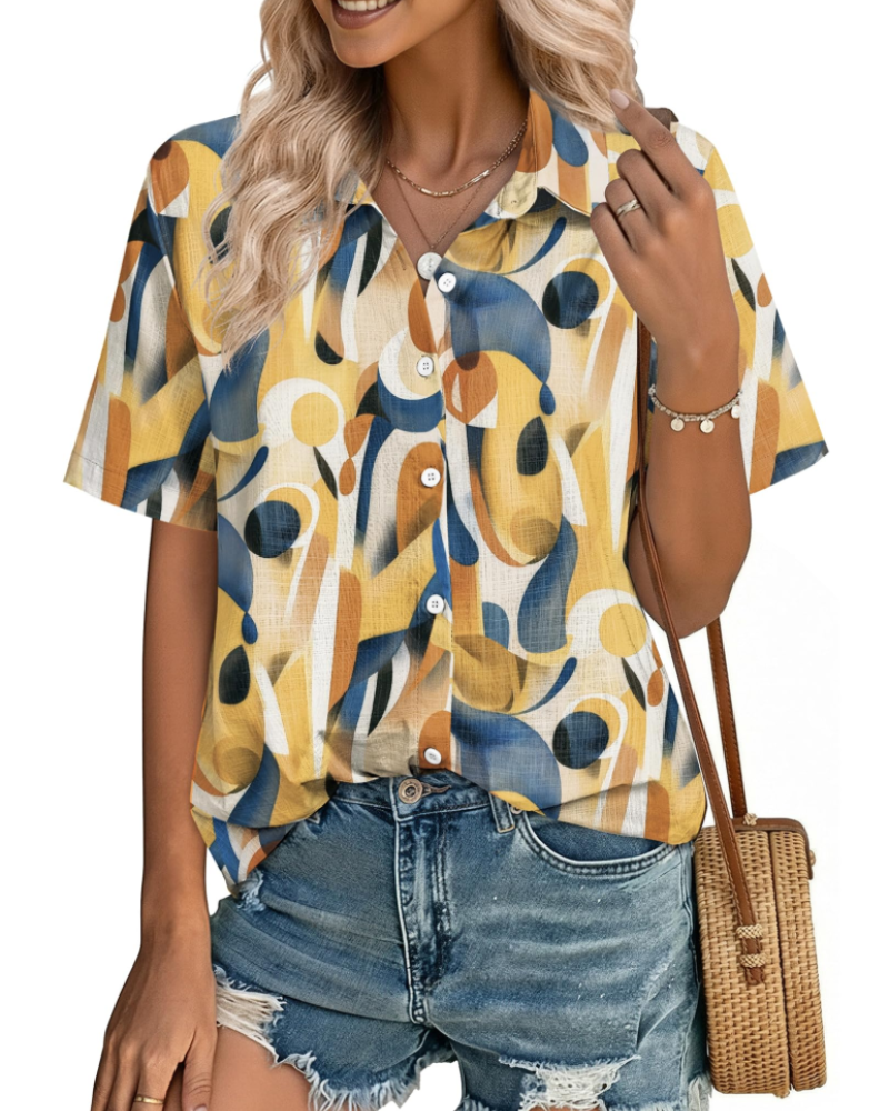 Phia Chemisier Femme en Coton-Lin – Blouse Col V Boutonnée à Manches Courtes d’Été