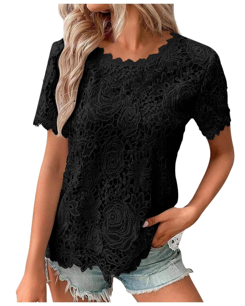 Sophie Bluse Damen Sommer – Spitzen Rundhalsausschnitt Volantärmel
