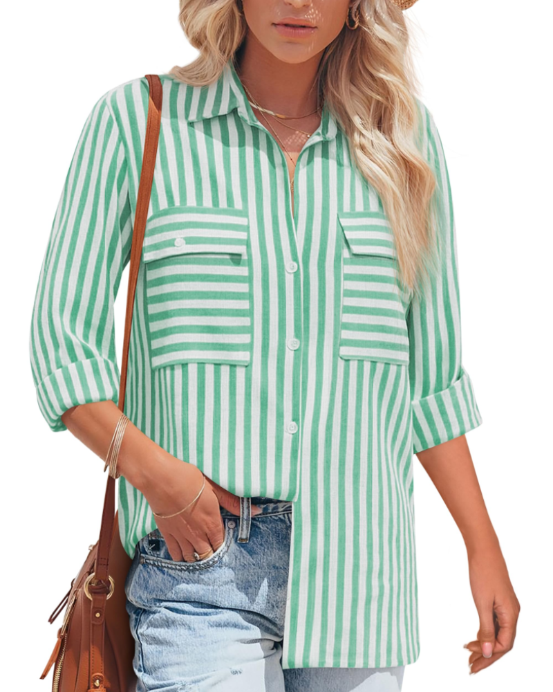Blusa Mila Donna – Cotone a Righe, Collo a V con Bottoni, Maniche Lunghe