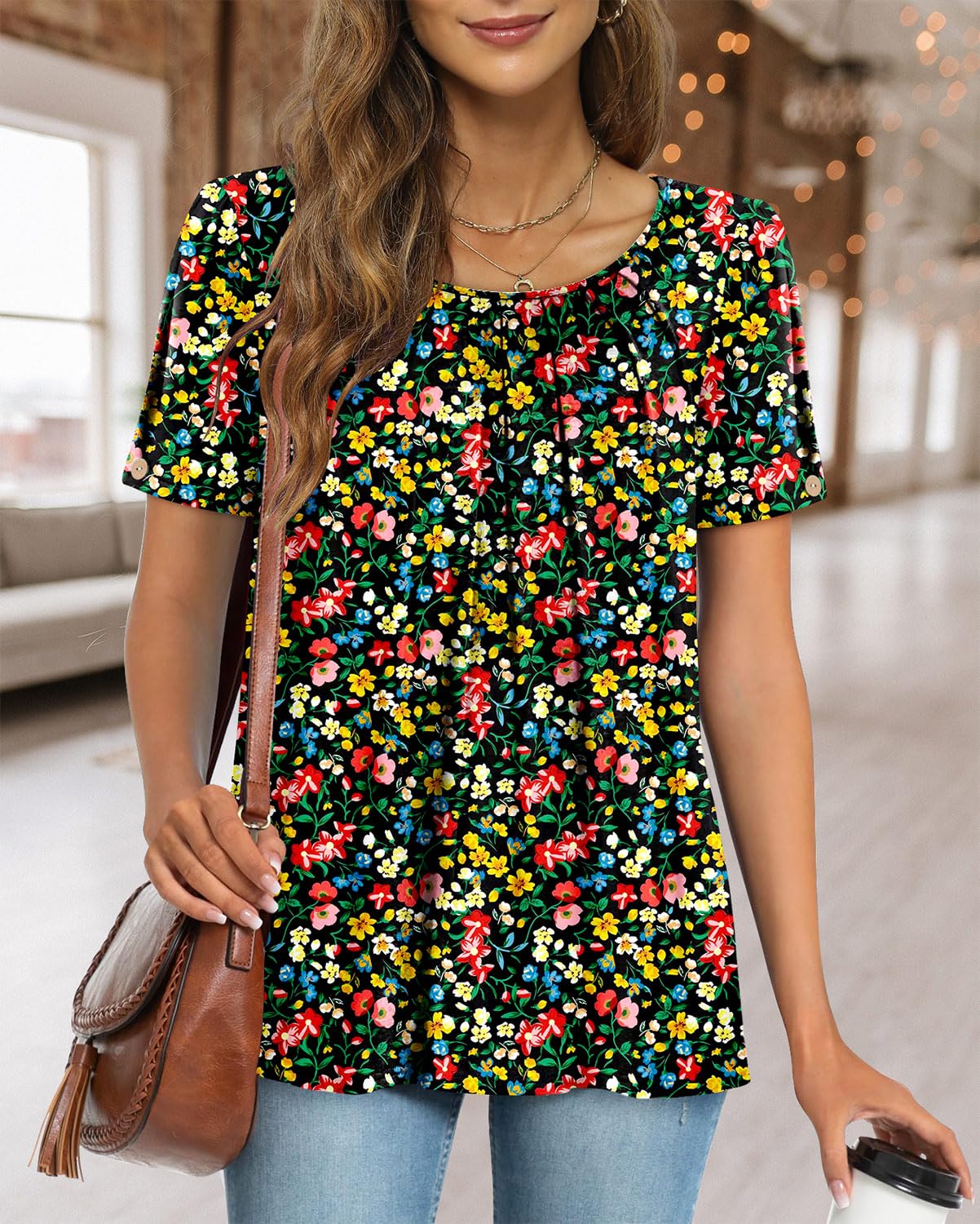 Fairy Chemisier Femme Décontracté – Blouse Fluide Col Rond à Manches Courtes