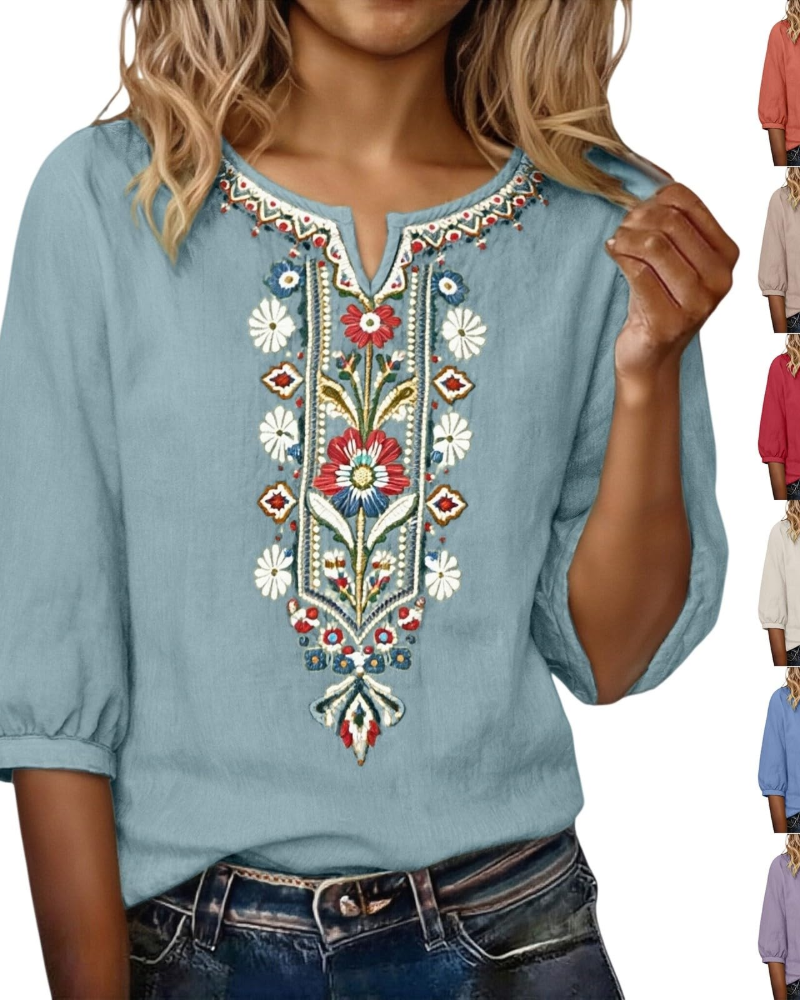 Blusa Sarah Mulher Verão – Linho Algodão Bordado Floral Decote em V