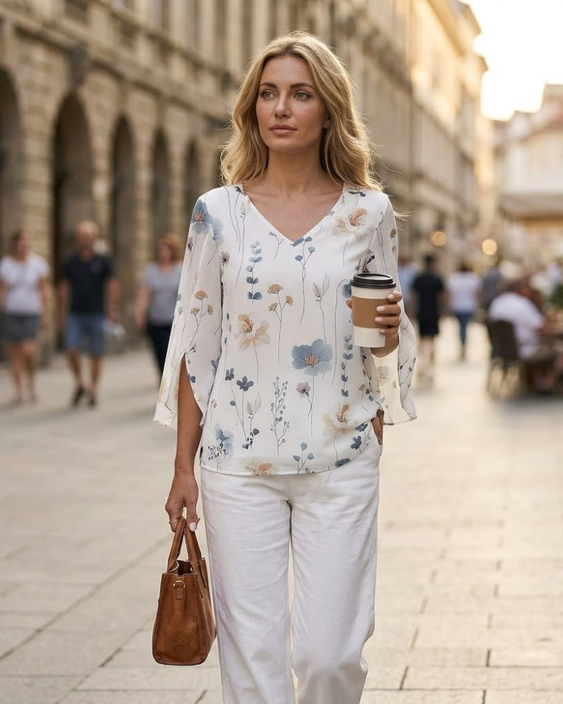 Sofia Bluse til Kvinder – Let Bluse med Blomstret Print, 3/4-Ærmer og V-Hals
